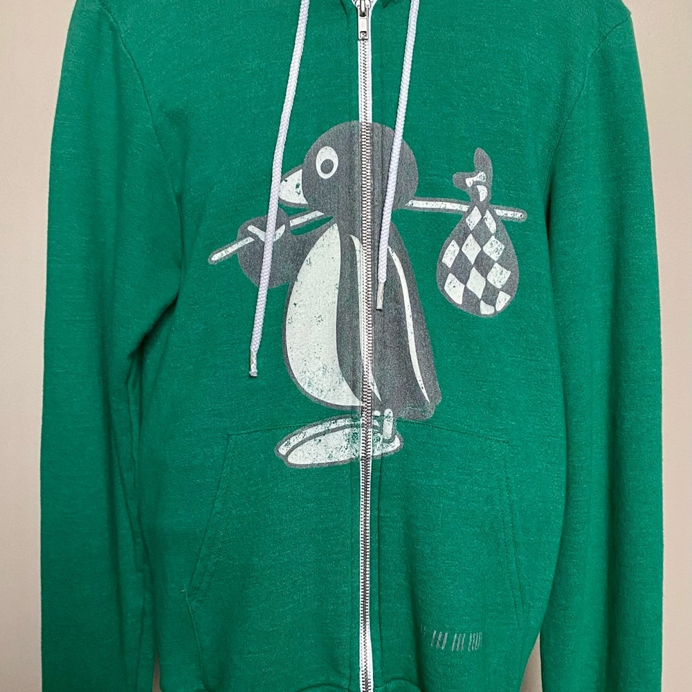 Men’s size SMALL Pingu front zip hoodie in teal.